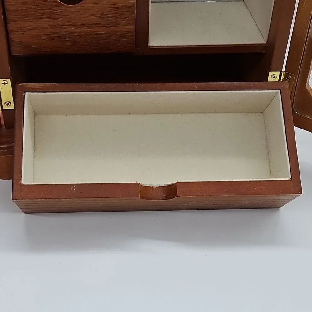 Vtg Wood Jewelry Box Armoire Chest Etched Floral Glass Door Light Oak 11